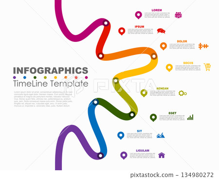 Colorful winding timeline infographic with icons and text for process visualization, plan and presentation. Vector illustration. Colorful winding timeline infographic with icons and text for process visualization, plan and presentation. Vector illustration. 134980272