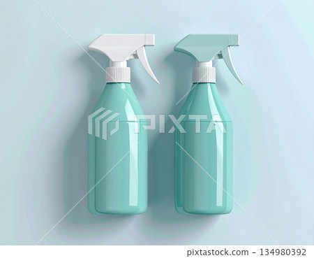 Product styling. Green sprays in a row on a white background. Disinfectant, glass cleaner, all-purpose surface cleaner. Mockup for branding cleaning product. 134980392