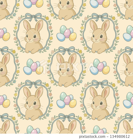Soft vector seamless Easter pattern with rabbits and Easter eggs. Coquette style Soft vector seamless Easter pattern with rabbits and Easter eggs. Coquette style 134980612