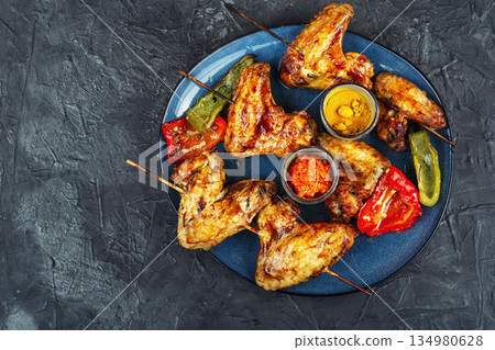 BBQ Chicken Wings on Serving Plate BBQ Chicken Wings on Serving Plate 134980628