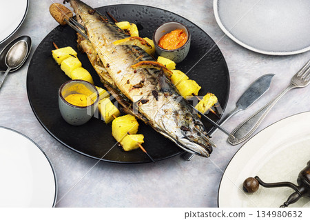 BBQ Mackerel Skewer with Pineapple 134980632