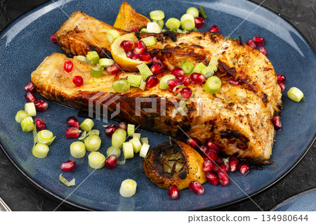 Salmon, baked salmon fish steaks. Salmon, baked salmon fish steaks. 134980644