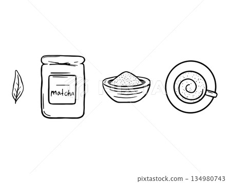 Doodle Matcha tea elements. Japanese tea accessories. Doodle green tea illustration Doodle Matcha tea elements. Japanese tea accessories. Doodle green tea illustration 134980743