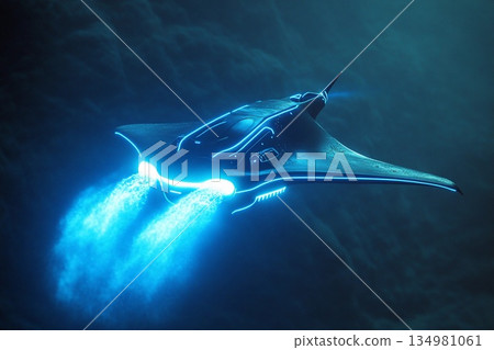 Glowing stingray-shaped submarine purifying the ocean floor while exploring deep marine environments 134981061