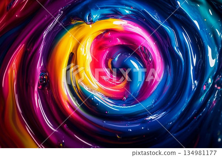 Swirling vortex of vibrant neon colors creating dynamic patterns in a mesmerizing display 134981177