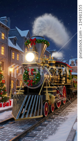 Vintage steam train locomotive adorned with festive decorations, travels through snowy town square, illuminated by street lamps, evoking magical Christmas atmosphere and holiday spirit.  134981355