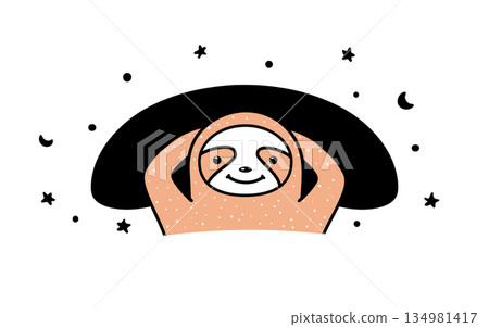 Funny cartoon sloth lying in bed. Insomnia concept. Funny animal vector illustration 134981417