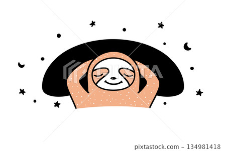 Funny cartoon sloth sleeping in the bed vector illustration. Cute sloth sleeps in bed lying on a pillow and covered with a blanket. Sleeping animal doodle 134981418