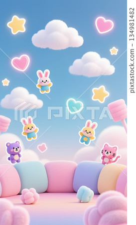 A pastel world of cute animals and fluffy clouds A pastel world of cute animals and fluffy clouds 134981482