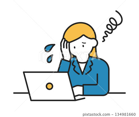 Businesswoman panicking and confused while using a computer Color Businesswoman panicking and confused while using a computer Color 134981660