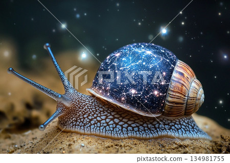 Snail with a shell resembling a starry night sky crawling on a rock surface 134981755