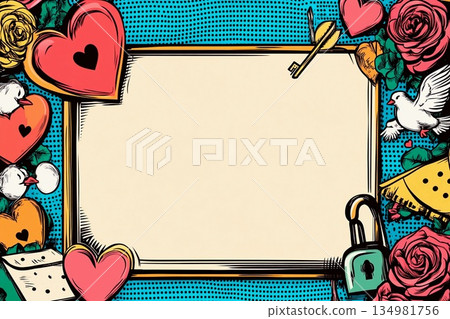 Bright pop art frame with hearts and roses perfect for creative projects and vibrant designs 134981756