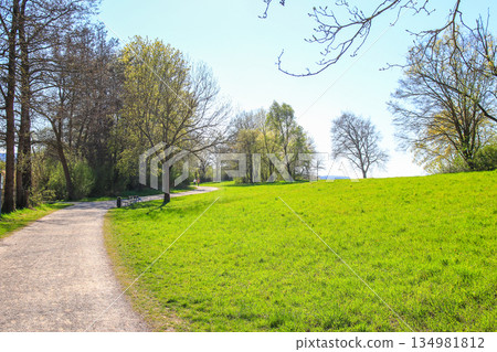 Peaceful Spring Walk Along Idyllic Country Road Near Danube Lake in Regensburg 134981812