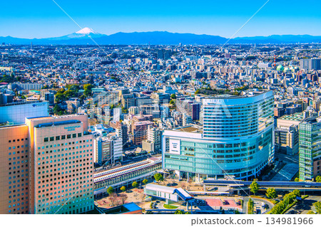 View of the cityscape of Yokohama, Japan, including Mt. Fuji, Sakuragicho Station, and YOKOHAMA AIR CABIN Sakuragicho Station. Towards a new era View of the cityscape of Yokohama, Japan, including Mt. Fuji, Sakuragicho Station, and YOKOHAMA AIR CABIN Sakuragicho Station. Towards a new era 134981966