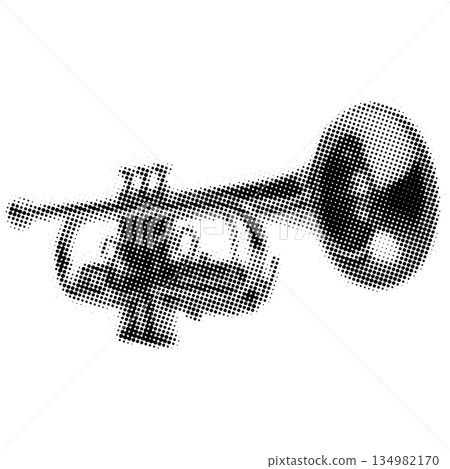 Black and white halftone dot pattern of a trumpet musical instrument 134982170