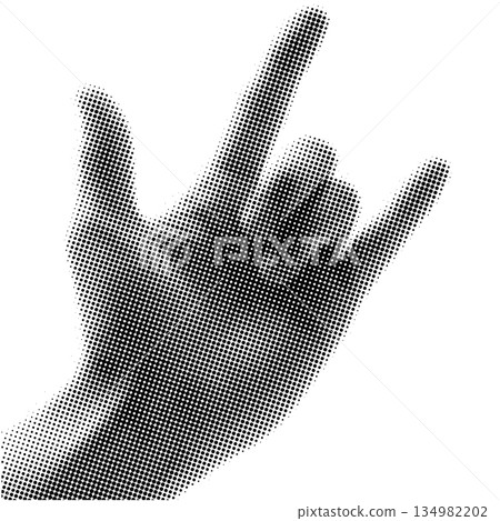Black and white halftone dot pattern of a hand making the rock on gesture Black and white halftone dot pattern of a hand making the rock on gesture 134982202