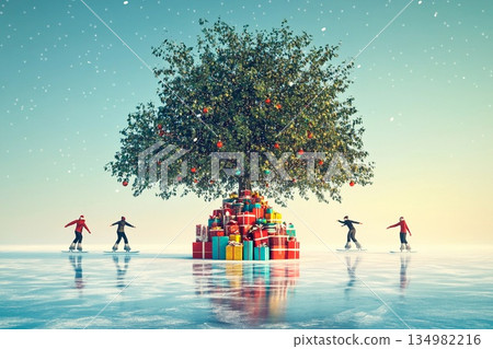 Skaters glide around a beautifully decorated Christmas tree on a frozen lake surrounded by festive gifts Skaters glide around a beautifully decorated Christmas tree on a frozen lake surrounded by festive gifts 134982216