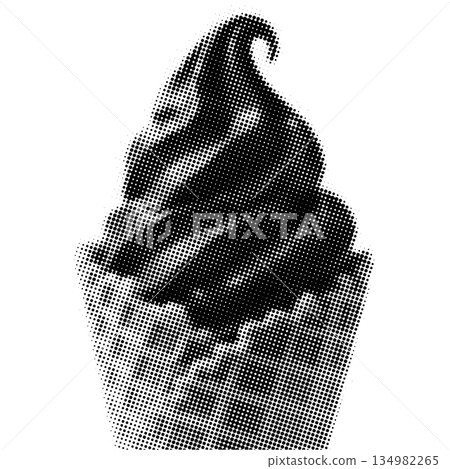 Black and white halftone dot of a soft serve ice cream cone in a waffle cup Black and white halftone dot of a soft serve ice cream cone in a waffle cup 134982265