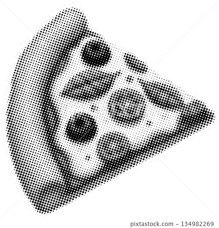 Black and white halftone dot of a single slice of pepperoni pizza 134982269
