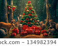 Magic of Christmas in a forest surrounded by joyful animals and gifts 134982394