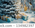 Snowy outdoor Christmas tree with red ornaments and wrapped gifts below 134982397