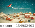 Snowy village sparkles under Santa's flight on Christmas night sky 134982403