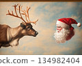 Mischievous reindeer glancing back at Santa in a whimsical scene 134982404