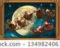 Santas travel around the world on magical sleighs under the night sky 134982406