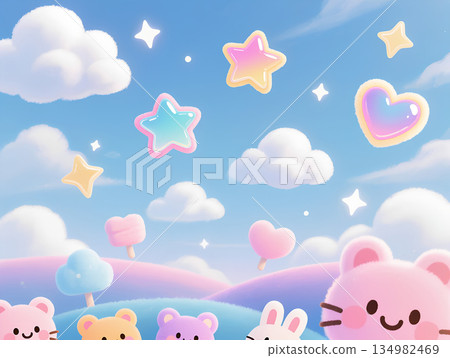一個充滿可愛動物和蓬鬆雲朵的柔和色調世界 134982469