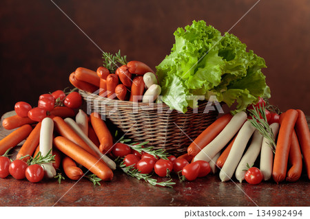 Various thin smoked sausages with salad, tomatoes, and rosemary. Various thin smoked sausages with salad, tomatoes, and rosemary. 134982494