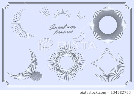 Mystical line drawing decorative frame set of sun and moon 134982793