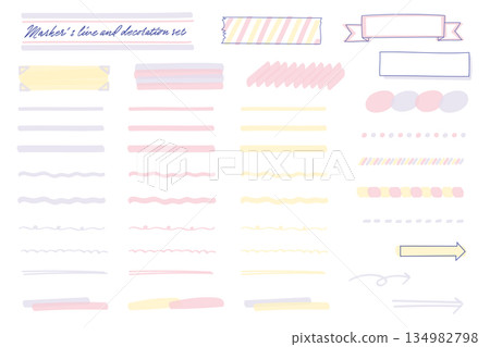 A set of milky purple, yellow, and pink line markers and ballpoint pen-like frames and lines. A set of milky purple, yellow, and pink line markers and ballpoint pen-like frames and lines. 134982798