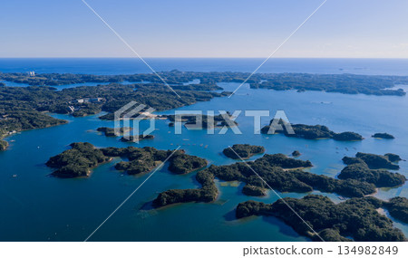 Aerial panorama of Ago Bay's ria coastline and countless islands taken by drone 134982849