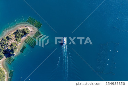 Aerial drone footage of a ship sailing between aquaculture rafts in Ago Bay and its wake 134982850