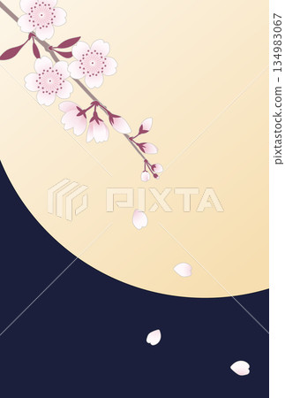 日式風格的夜空背景，滿月與櫻花盛開 | 月亮、櫻花、花瓣、夜空、春天 134983067
