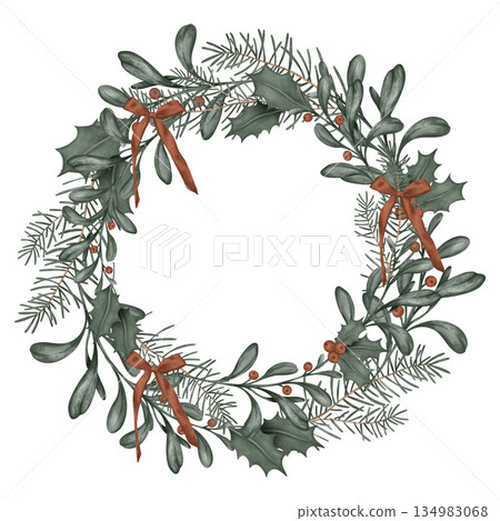 Watercolor Christmas or new year wreath with fir branches and place for text. Illustration for greeting cards with and invitations with bow. Tree branches and red berry of ilex. Watercolor Christmas or new year wreath with fir branches and place for text. Illustration for greeting cards with and invitations with bow. Tree branches and red berry of ilex. 134983068