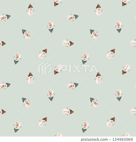Seamless pattern with illustration snowman in the green and red hat. Hand drawing sketch on white isolated background. Repeat ornament with Snowman with red buttons for Christmas or New years design. 134983069