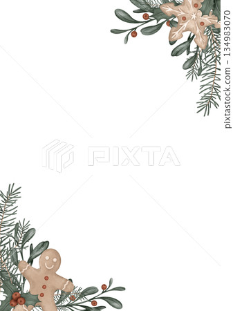 Vertical frame watercolor illustration with pine branches, fir tree, bow. Postcard for holly and red berries and sweet cookie gingerbread. Hand drawn new year illustration . 134983070