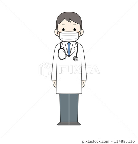 一幅彩色插圖,描繪了一位身穿白大褂、戴著口罩的男醫生正面站立的形象。 一幅彩色插圖,描繪了一位身穿白大褂、戴著口罩的男醫生正面站立的形象。 134983130