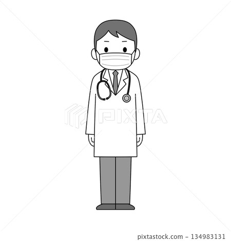 一幅單色插圖，描繪了一位身穿白大褂、戴著口罩的男醫生正面站立的形象。 134983131