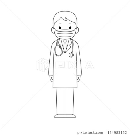 一幅黑白線條畫，畫的是一位身穿白大褂、戴著口罩的男醫生，面向前方站立。 134983132