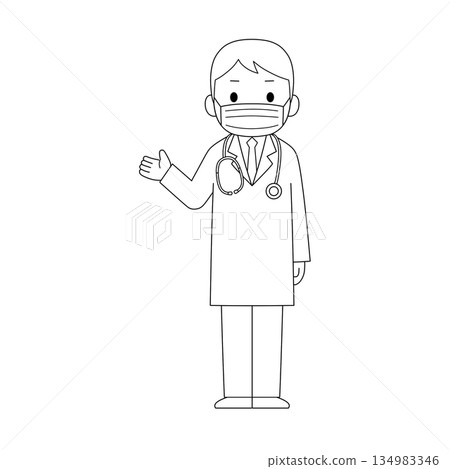 A black and white line drawing of a male medical worker in a white coat wearing a mask giving guidance and explanations A black and white line drawing of a male medical worker in a white coat wearing a mask giving guidance and explanations 134983346
