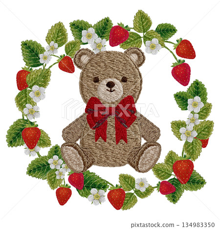 [Strawberry and teddy bear round frame] Hand embroidery illustration material 134983350