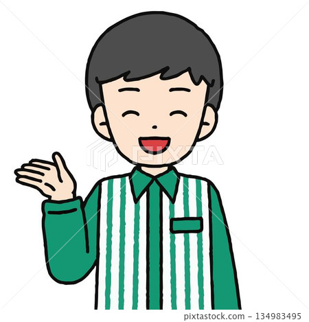 A male convenience store clerk is giving directions A male convenience store clerk is giving directions 134983495