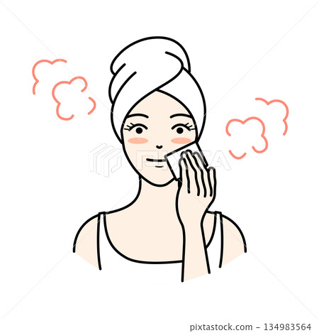 圖解：一位女士輕柔地用蒸氣中的棉花進行皮膚護理。 134983564
