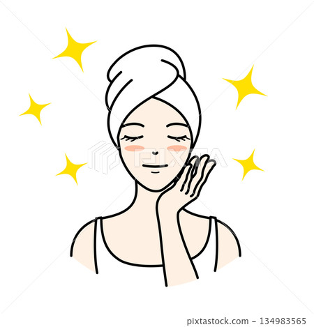插圖描繪了一位女子裹著浴巾，閉著雙眼，露出光彩照人的肌膚。 134983565