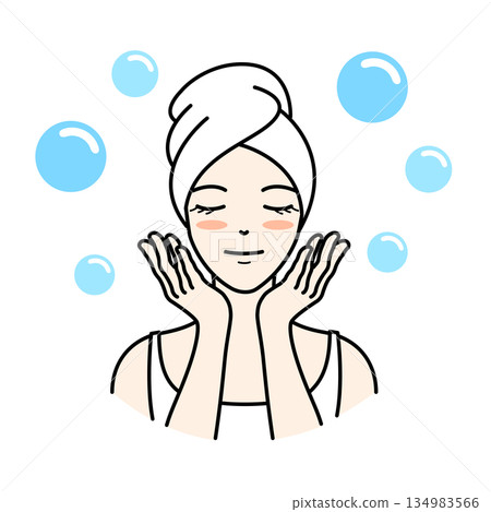 Illustration of a woman washing her face with her eyes closed and surrounded by bubbles Illustration of a woman washing her face with her eyes closed and surrounded by bubbles 134983566