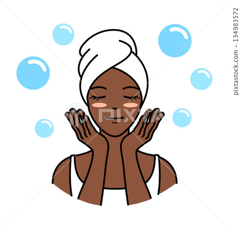 Illustration of a black woman washing her face with her eyes closed and surrounded by bubbles Illustration of a black woman washing her face with her eyes closed and surrounded by bubbles 134983572