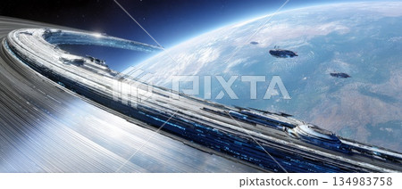 Giant Orbital Ring Space Station Above Earth 134983758