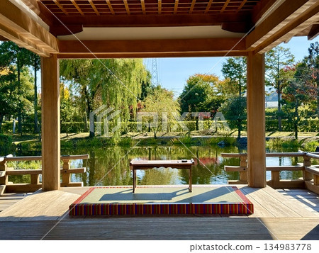 Garden seen from the gazebo, Murasaki Shikibu Park in the daytime in autumn, November, Autumn leaves 134983778
